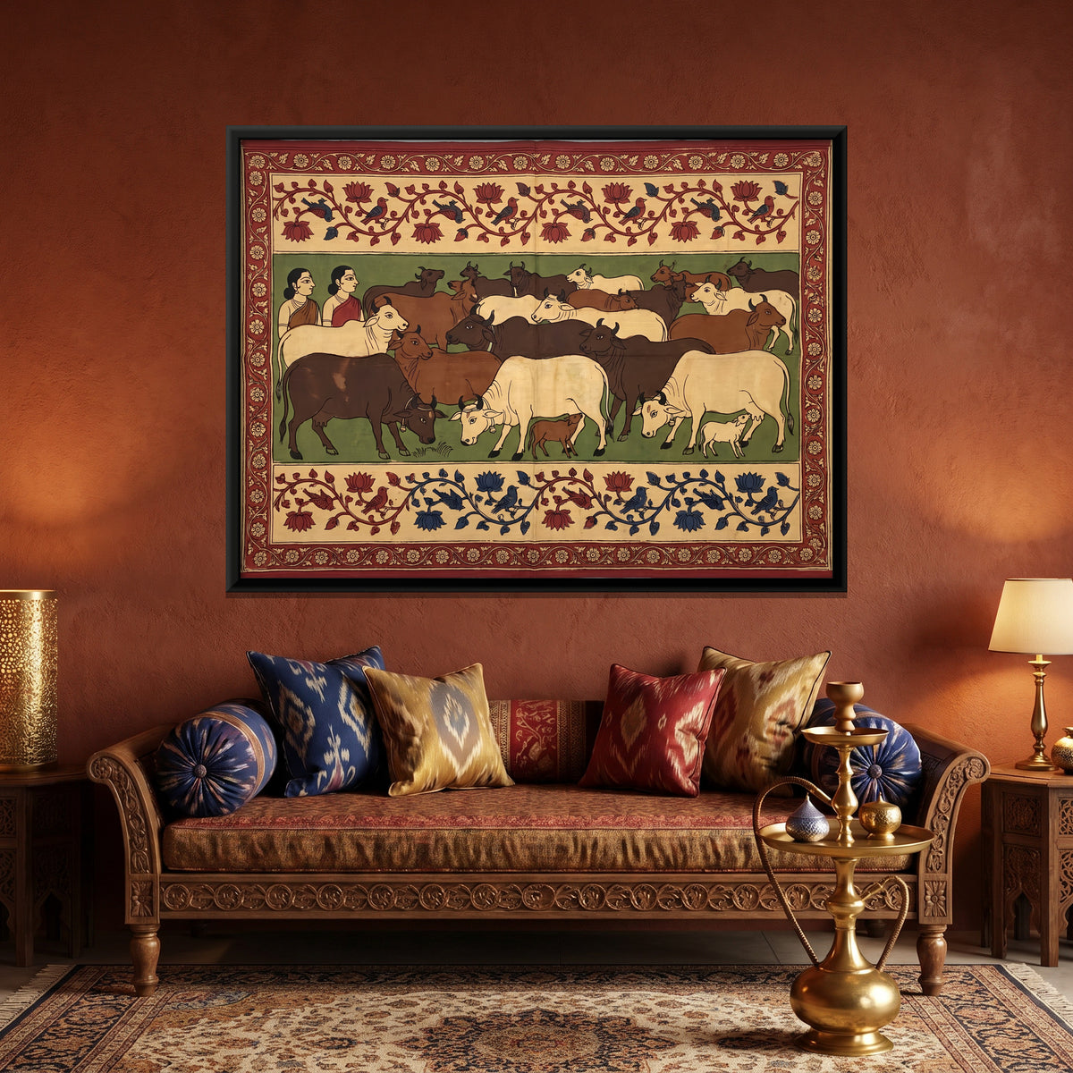 Herd of Cows with Gopis - canvas art shown in a styled room