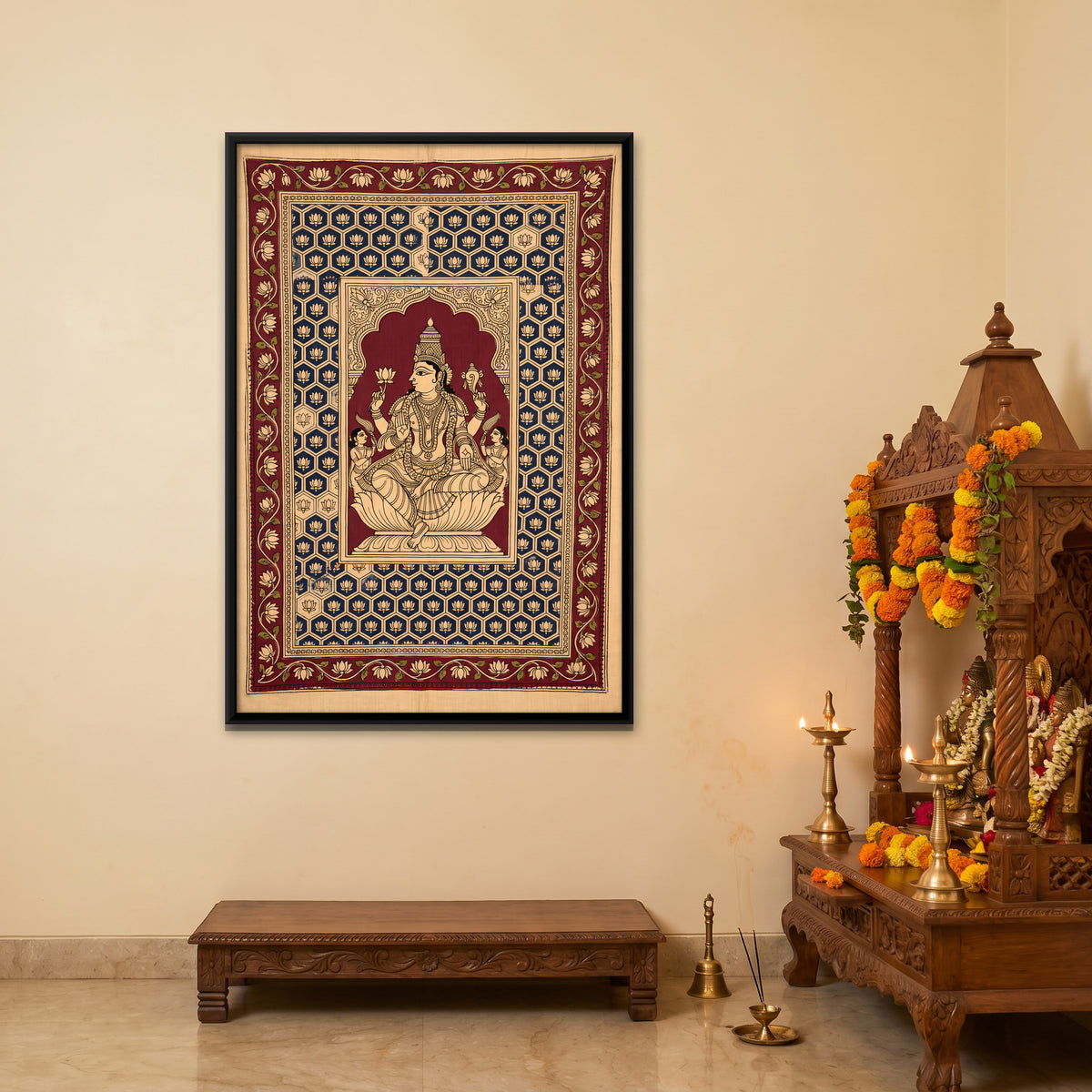 Lakshmi Seated on a Lotus Throne - canvas art shown in a styled room