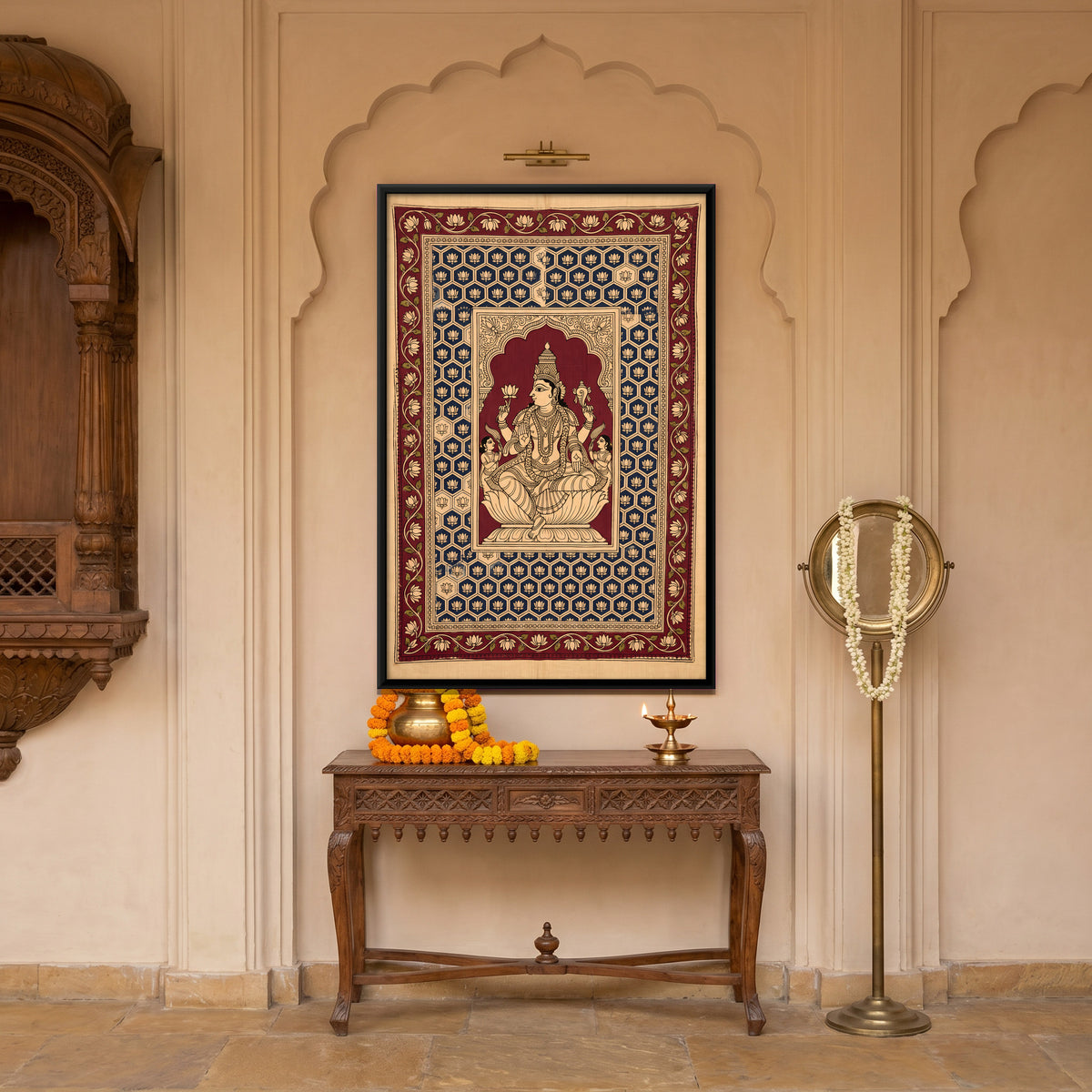 Lakshmi Seated on a Lotus Throne - canvas art shown in a second room setting