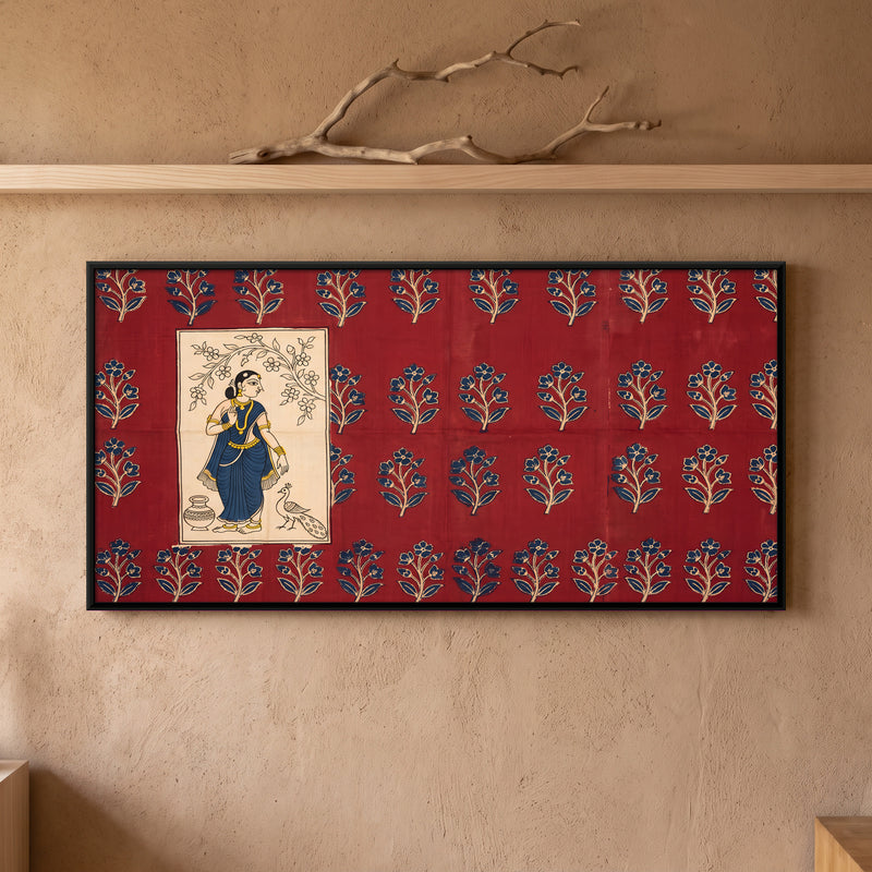 Woman with a Peacock - framed canvas art hung on a wall