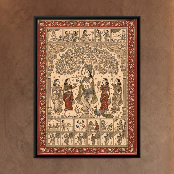 Shri Krishna Playing Flute with Gopis and Cows in Terracotta
