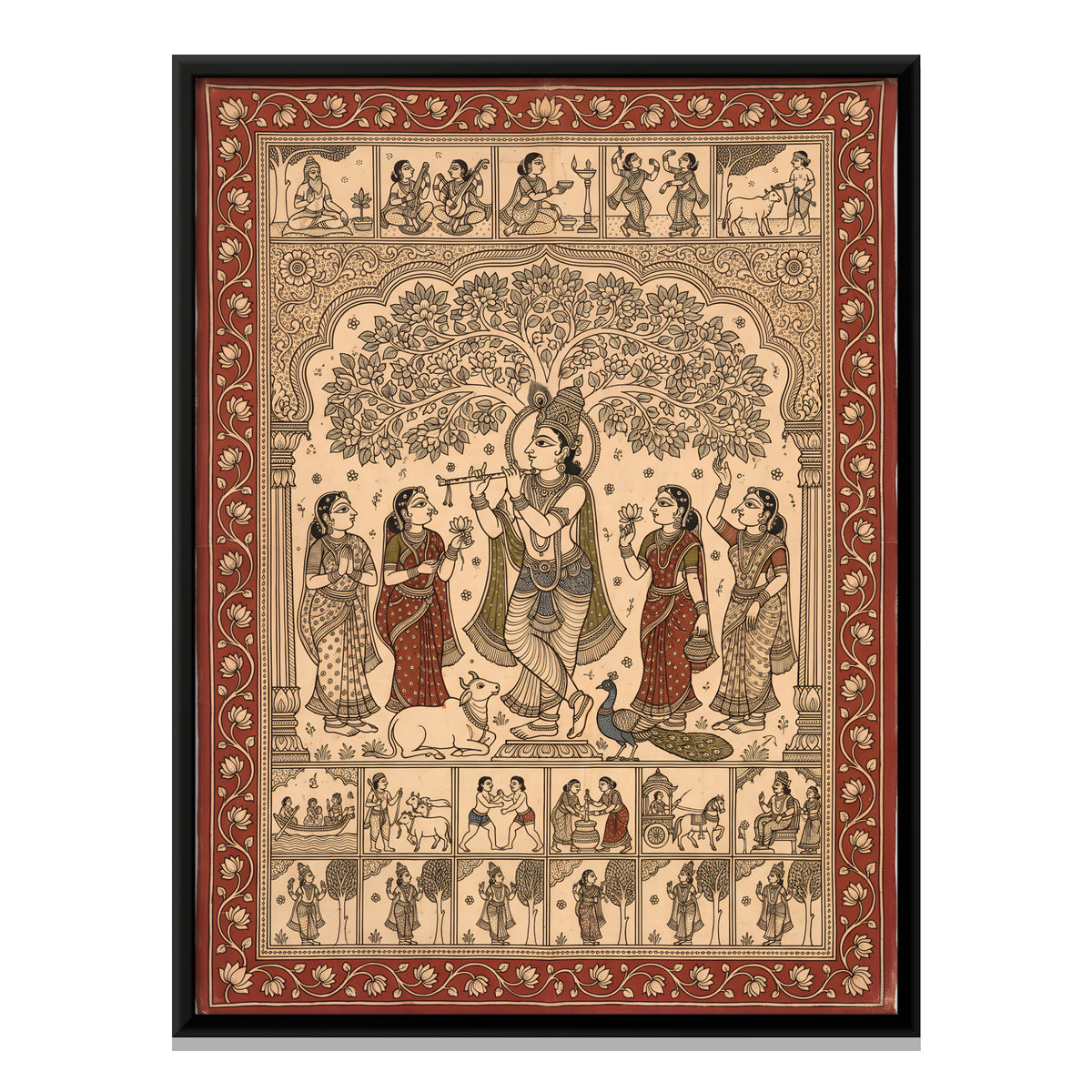 Krishna Playing the Flute with Gopis - framed canvas print, front view