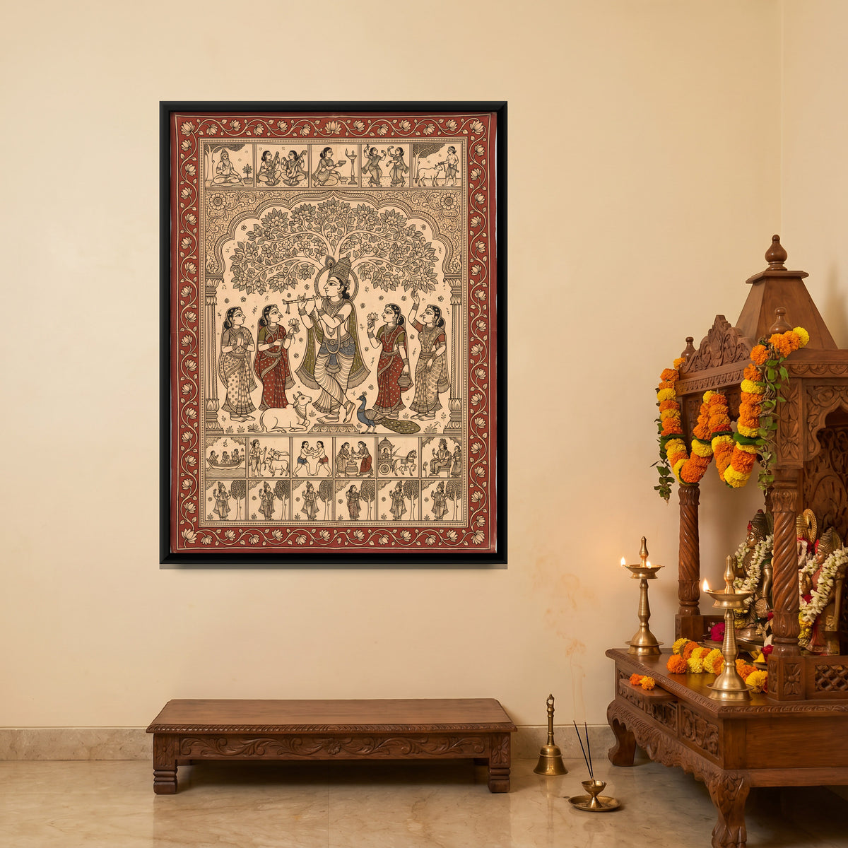 Krishna Playing the Flute with Gopis - canvas art shown in a styled room