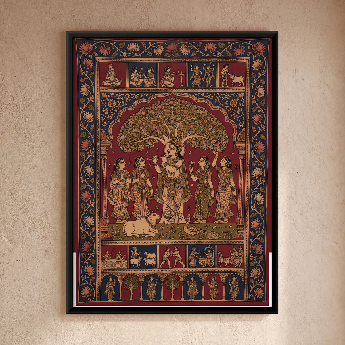 Krishna Playing the Flute Beneath a Tree - framed canvas art hung on a wall