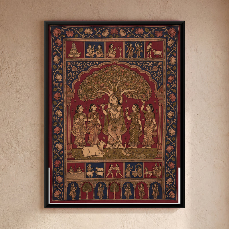 Krishna Playing the Flute Beneath a Tree - framed canvas art hung on a wall