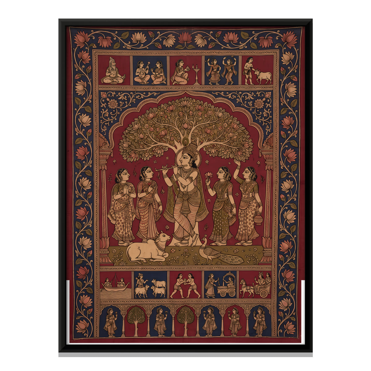 Krishna Playing the Flute Beneath a Tree - framed canvas print, front view