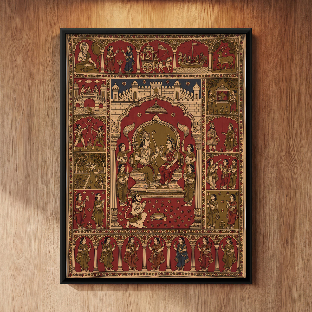 A Kalamkari canvas of the Rama Darbar with Hanuman, framed on a wall