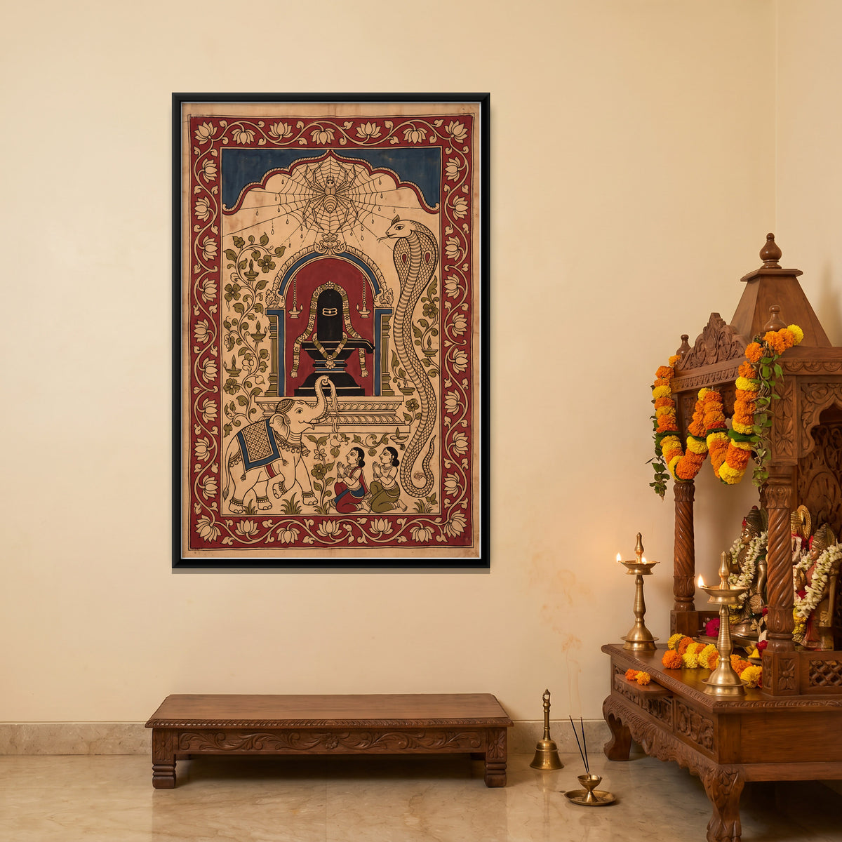 Shiva Lingam with Spider, Serpent and Elephant - canvas art shown in a styled room