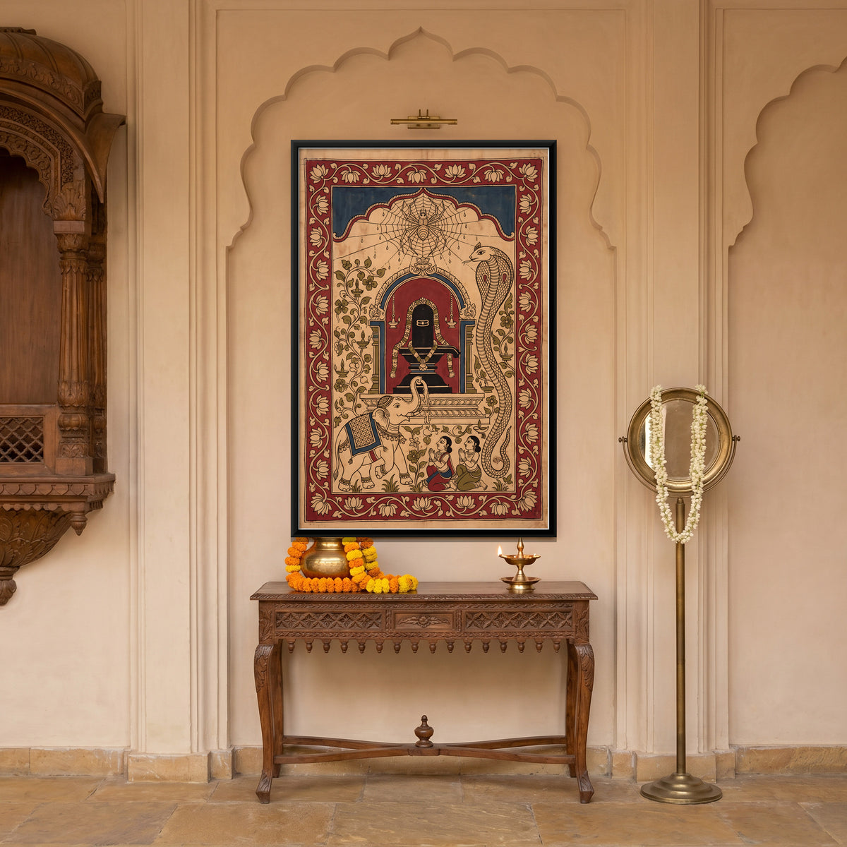 Shiva Lingam with Spider, Serpent and Elephant - canvas art shown in a second room setting