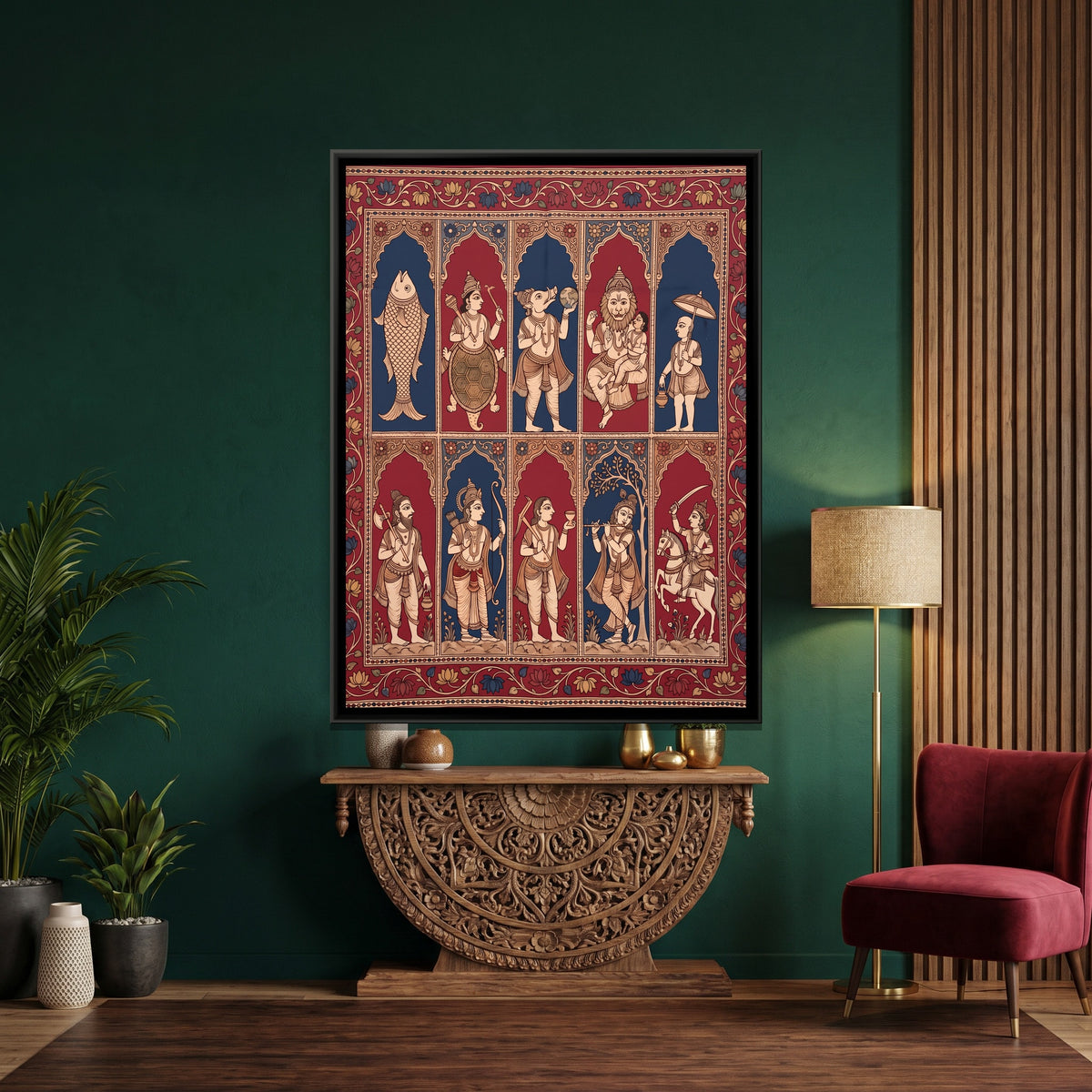 Ten Avatars of Vishnu - canvas art shown in a styled room