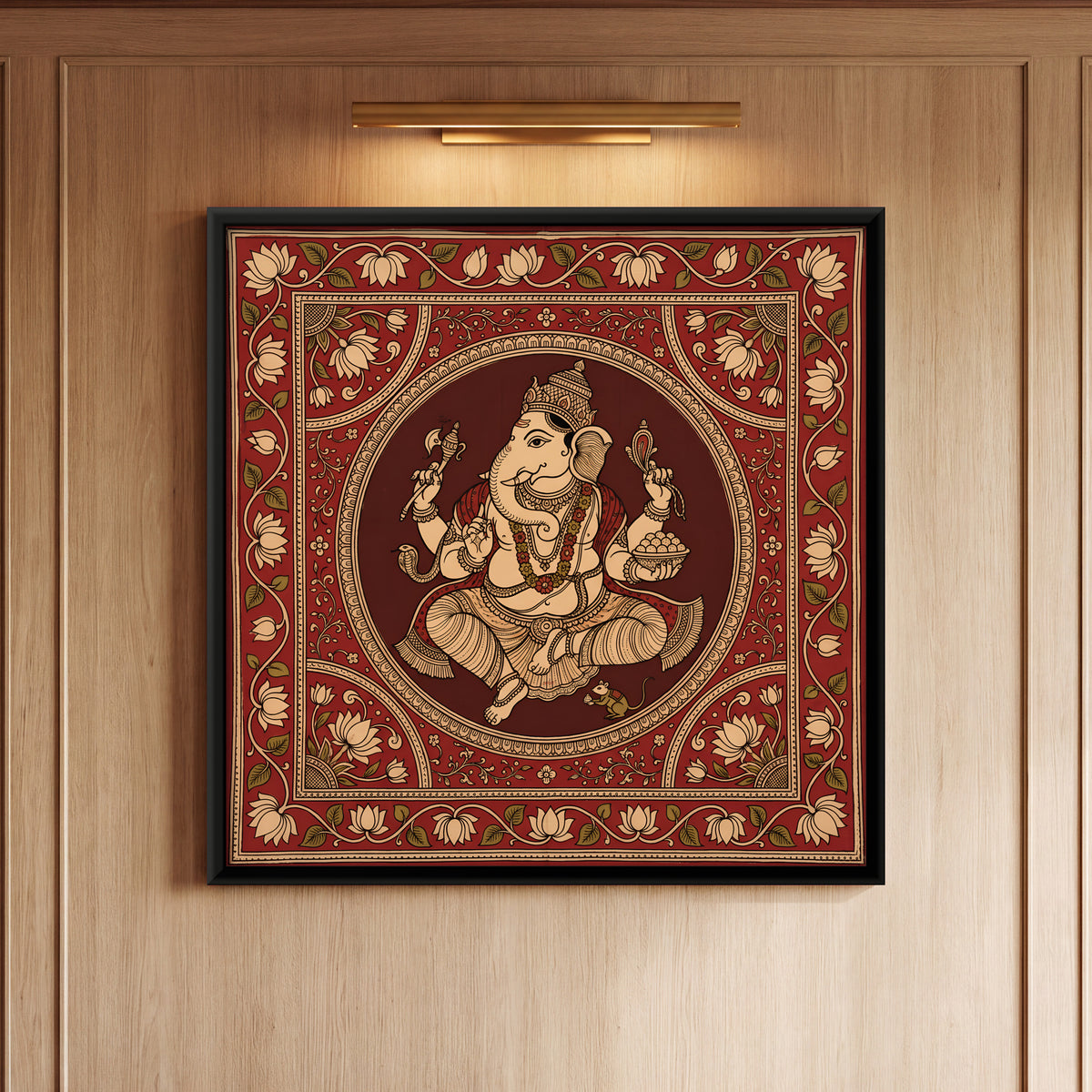 Ganesha in a Lotus Medallion - framed canvas art hung on a wall