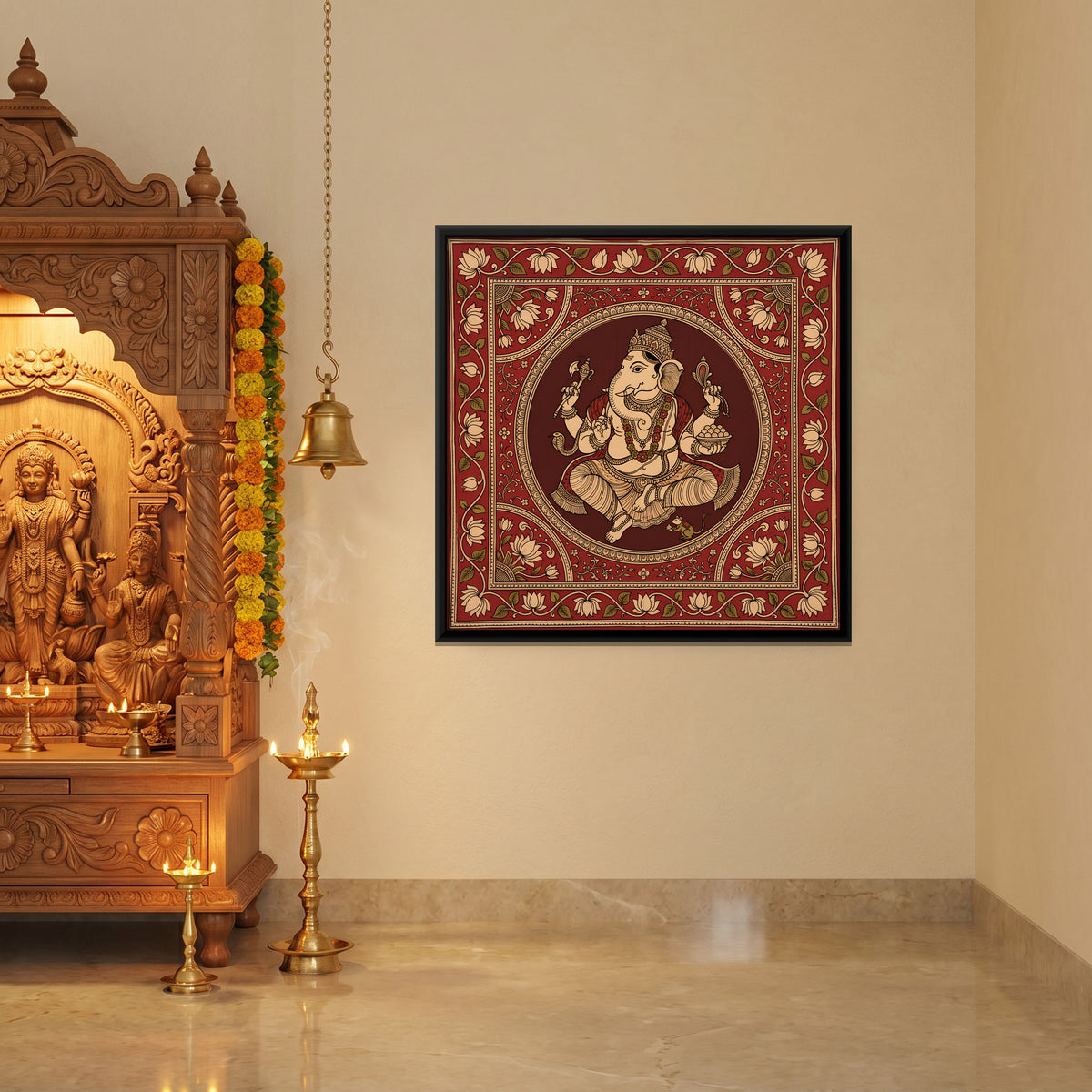 Ganesha in a Lotus Medallion - canvas art shown in a styled room