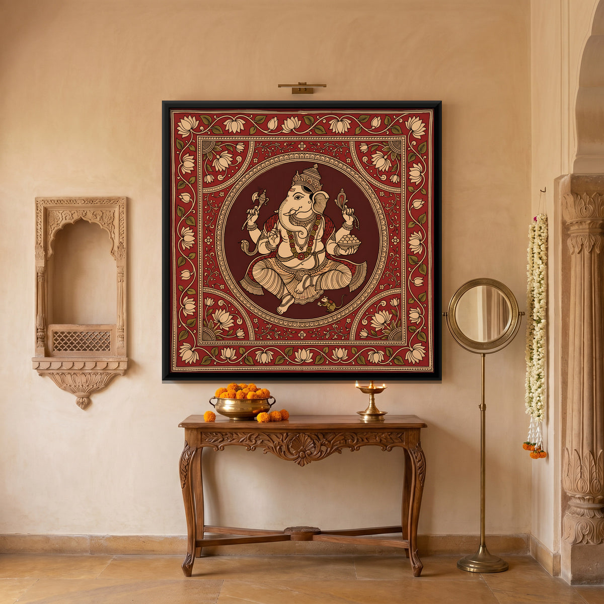 Ganesha in a Lotus Medallion - canvas art shown in a second room setting
