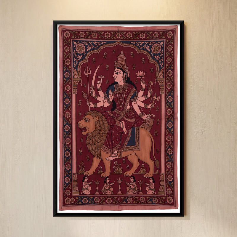 Durga on Her Lion - framed canvas art hung on a wall