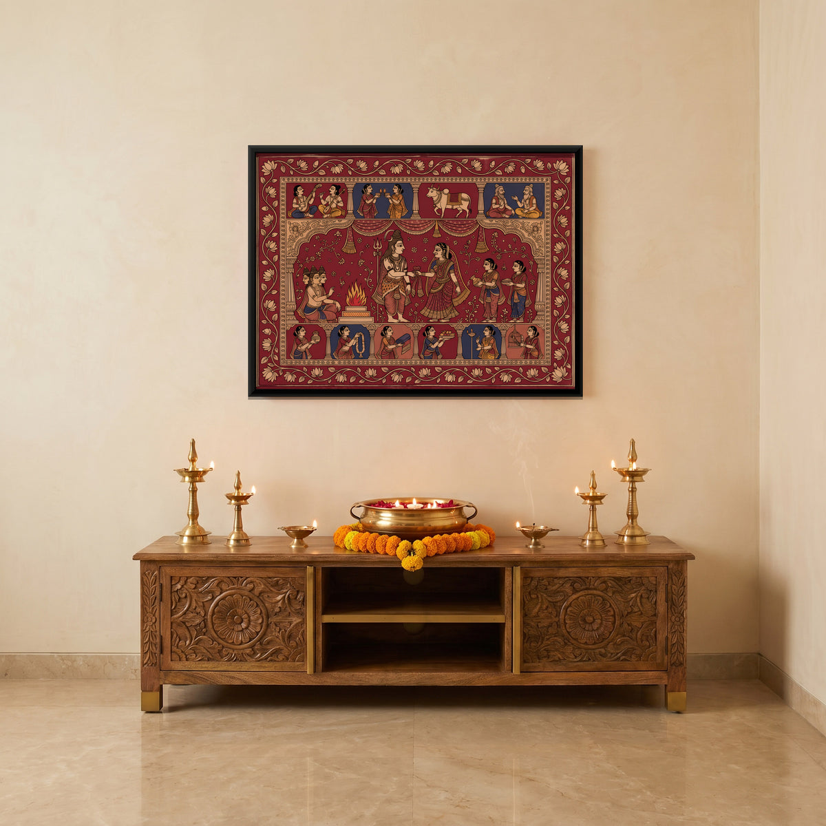 The Wedding of Shiva and Parvati - canvas art shown in a styled room