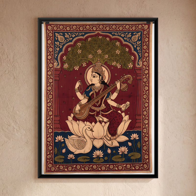 Saraswati Playing the Veena - framed canvas art hung on a wall