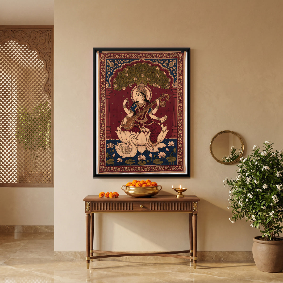 Saraswati Playing the Veena - canvas art shown in a second room setting