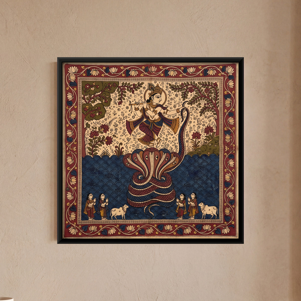 Krishna Dancing on the Serpent Kaliya - framed canvas art hung on a wall