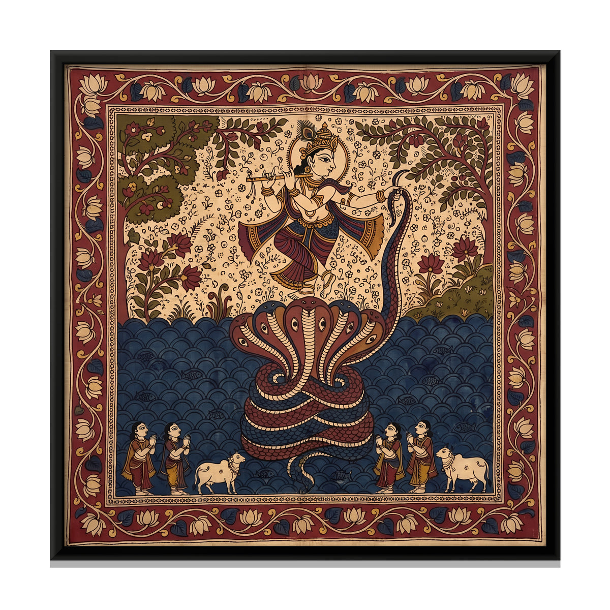 Krishna Dancing on the Serpent Kaliya - framed canvas print, front view