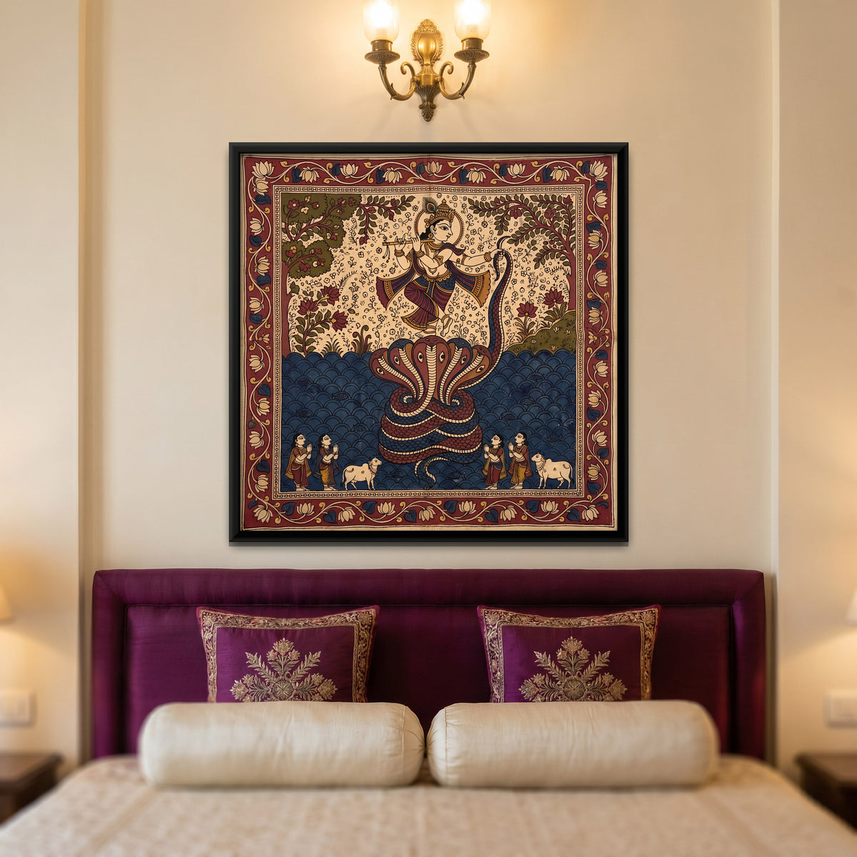 Krishna Dancing on the Serpent Kaliya - canvas art shown in a styled room