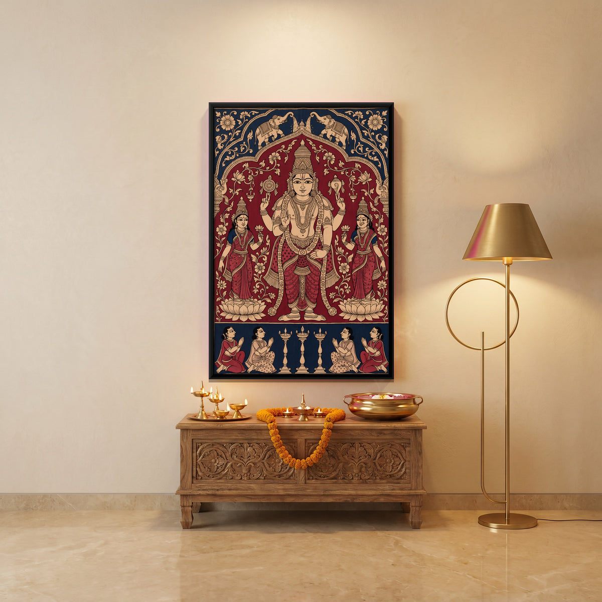 Vishnu with Sridevi and Bhudevi - canvas art shown in a styled room