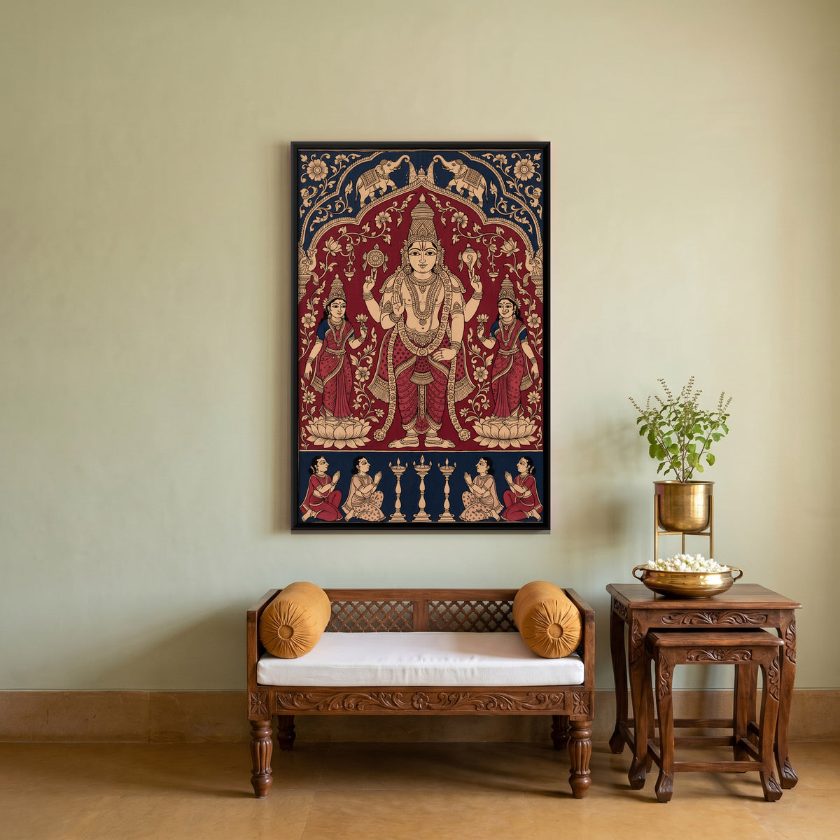 Vishnu with Sridevi and Bhudevi - canvas art shown in a second room setting