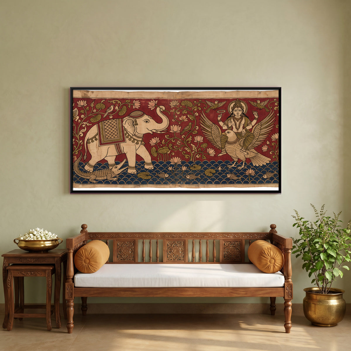 Gajendra Moksha - canvas art shown in a second room setting