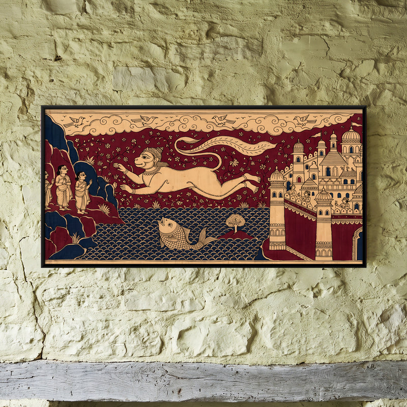 Hanuman's Leap to Lanka - framed canvas art hung on a wall