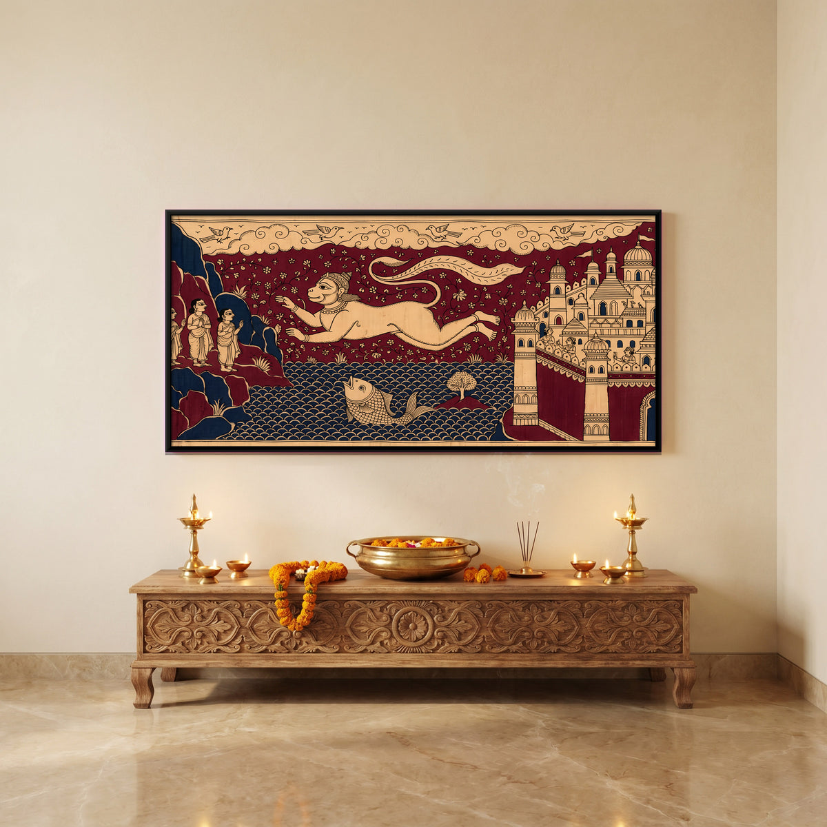 Hanuman's Leap to Lanka - canvas art shown in a styled room