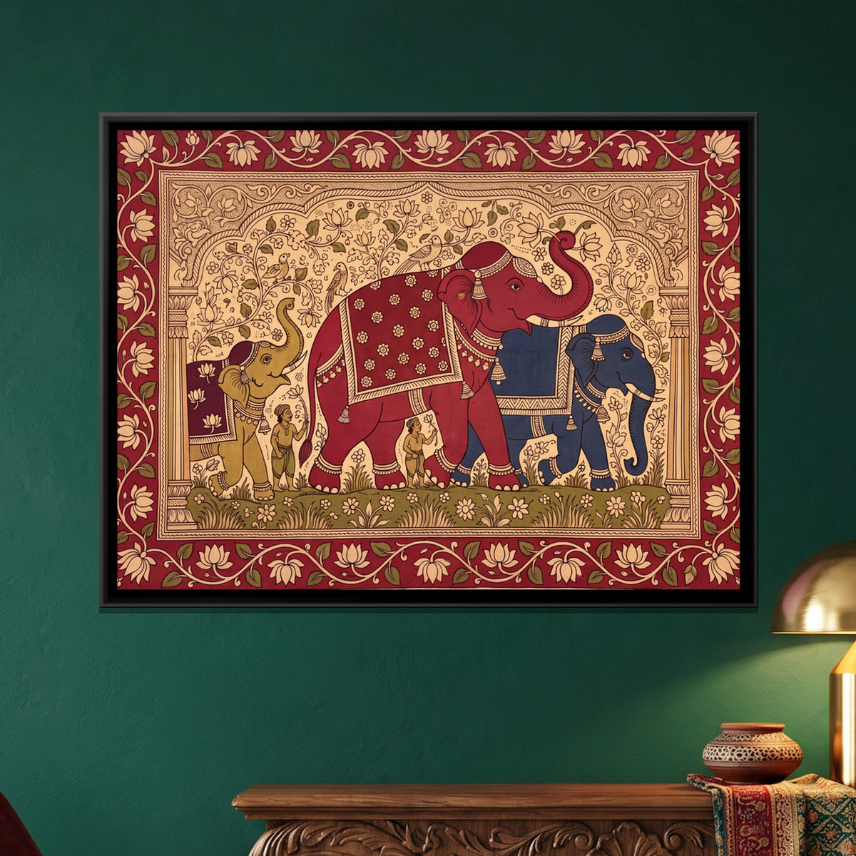 Elephant Procession - framed canvas art hung on a wall