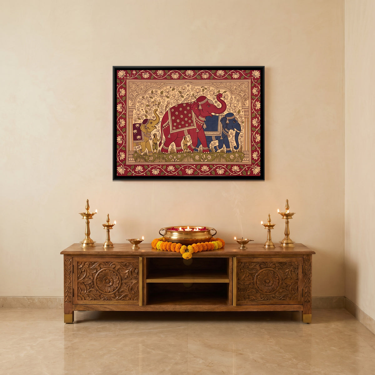 Elephant Procession - canvas art shown in a second room setting