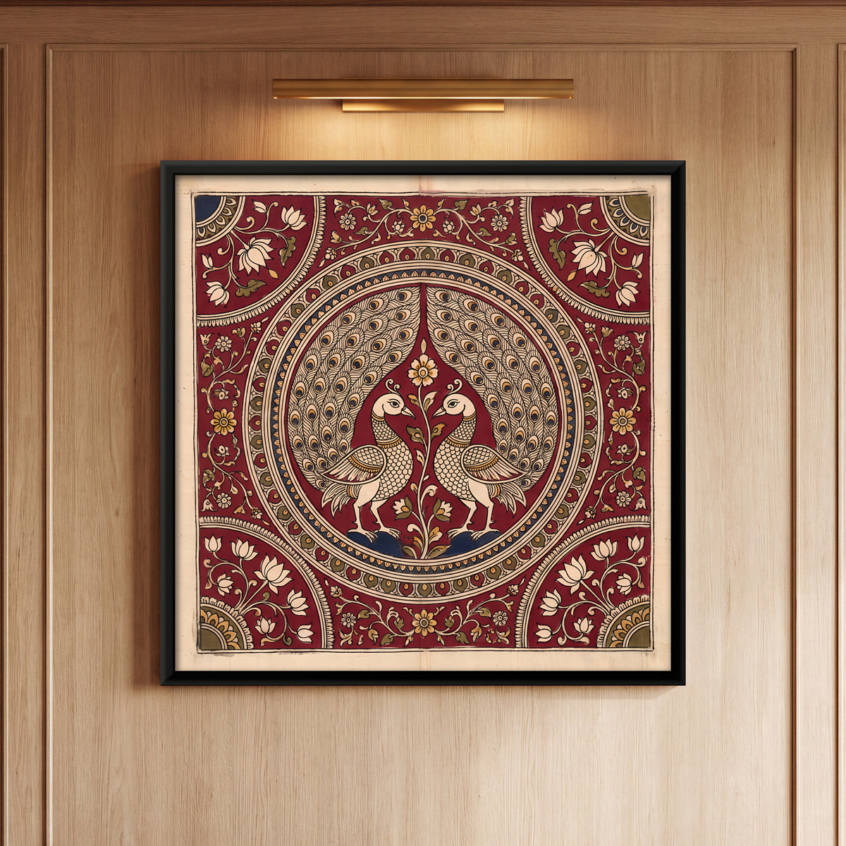 Two Peacocks in a Medallion - framed canvas art hung on a wall