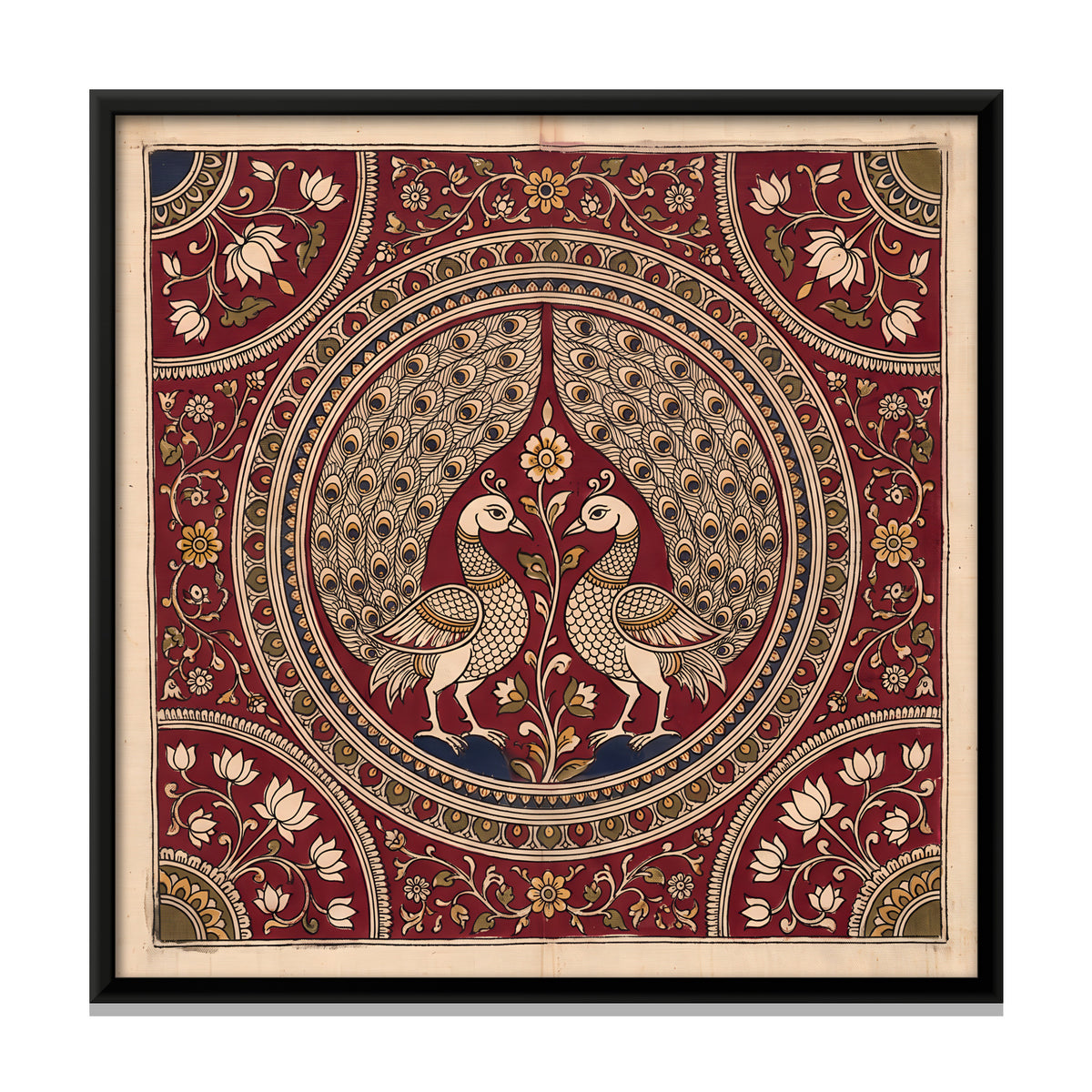 Two Peacocks in a Medallion - framed canvas print, front view