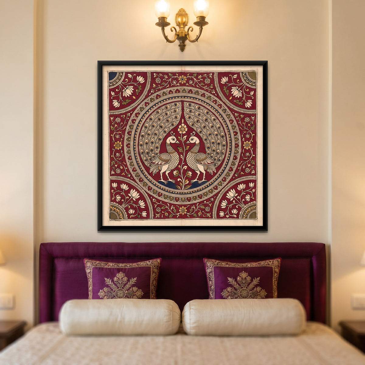 Two Peacocks in a Medallion - canvas art shown in a second room setting
