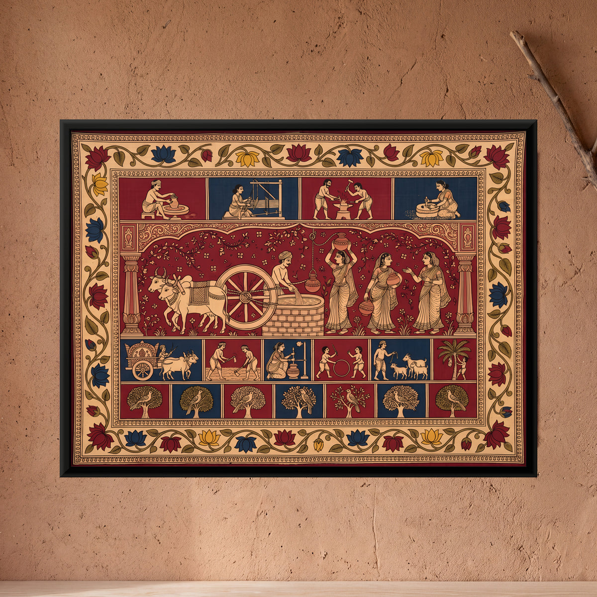 Scenes of Village Life - framed canvas art hung on a wall