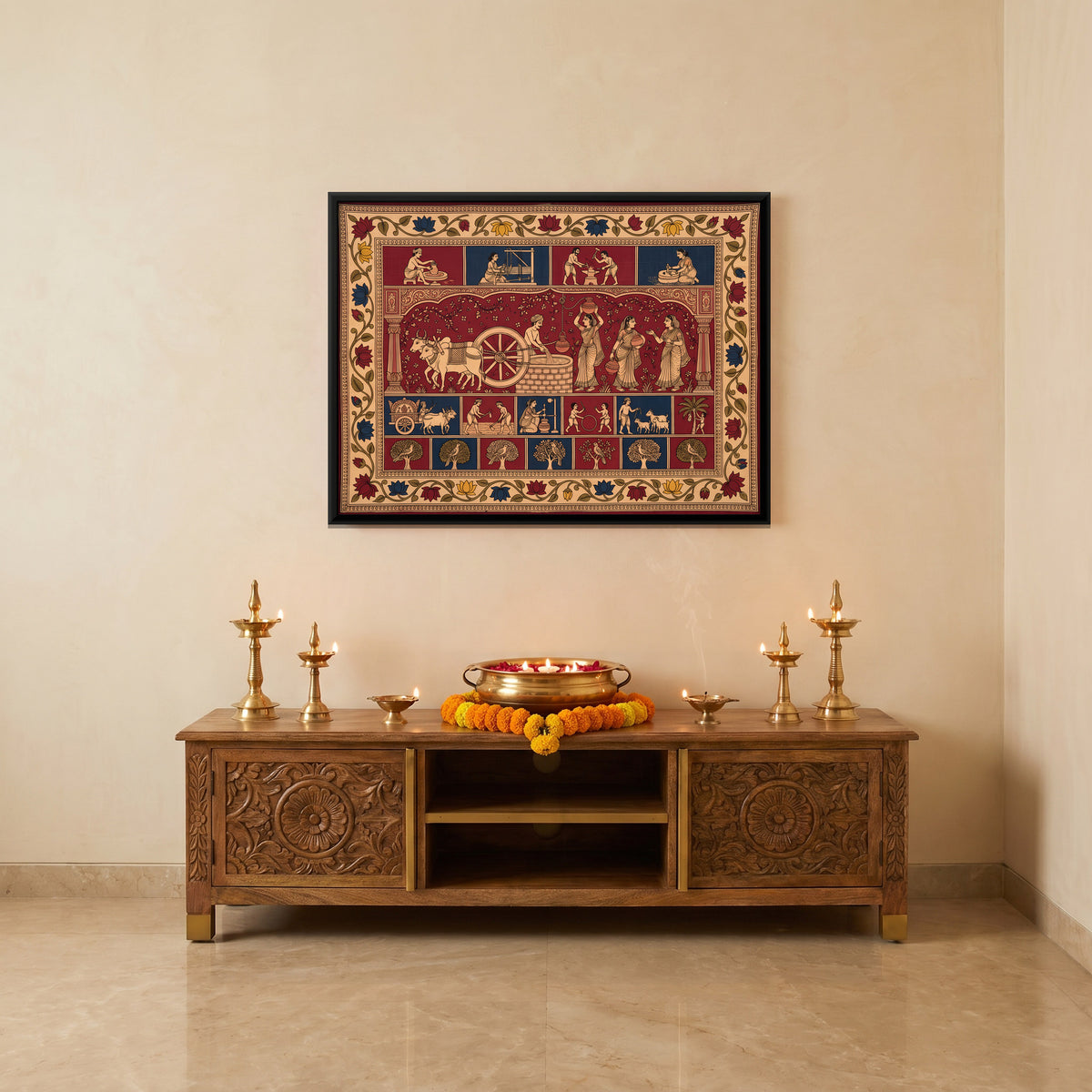 Scenes of Village Life - canvas art shown in a styled room