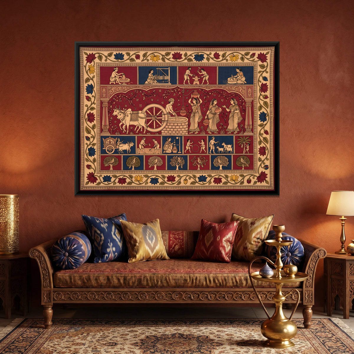 Scenes of Village Life - canvas art shown in a second room setting