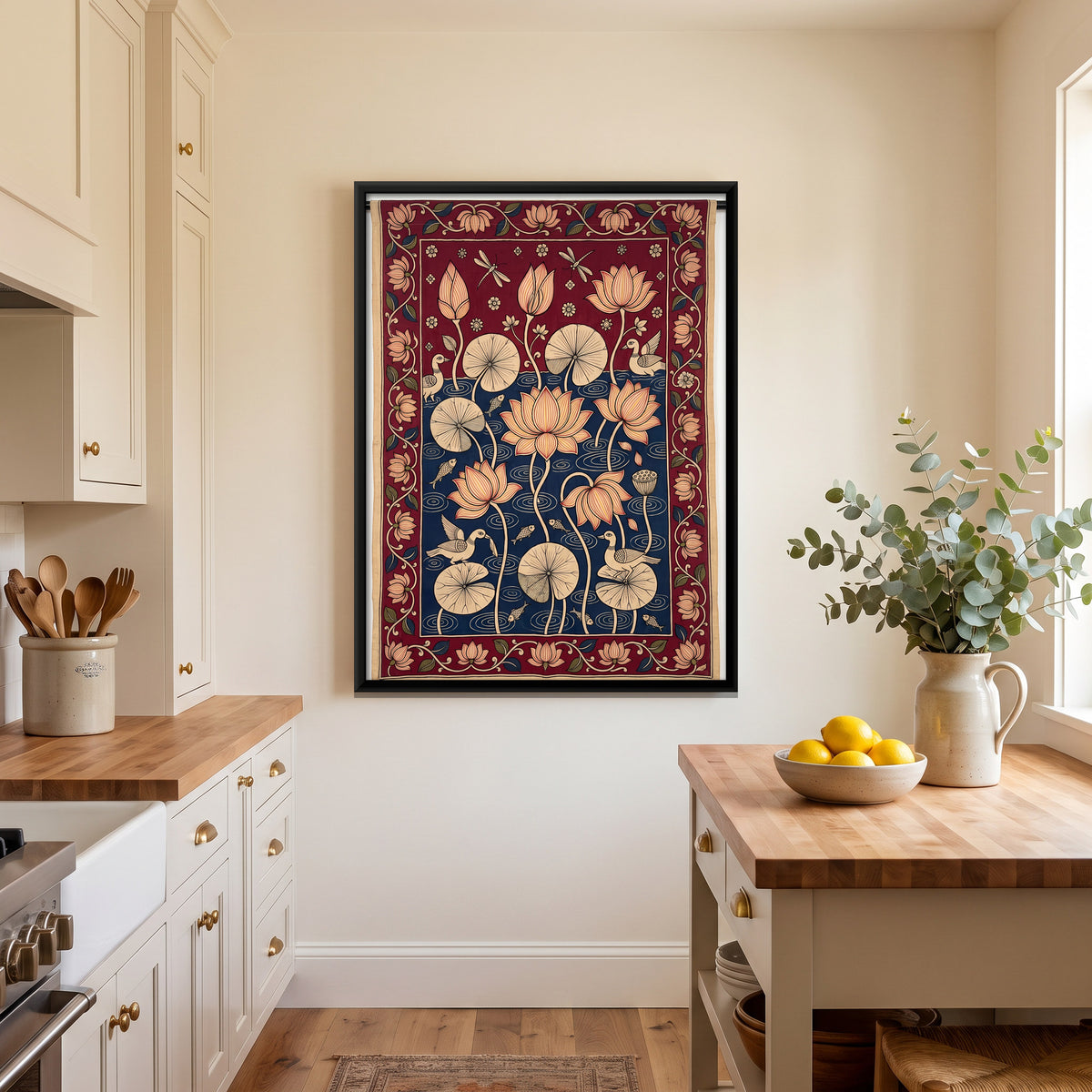 Lotus Pond - canvas art shown in a styled room