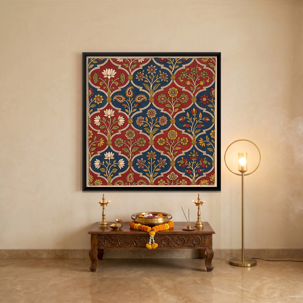 Floral Lattice Pattern - canvas art shown in a styled room