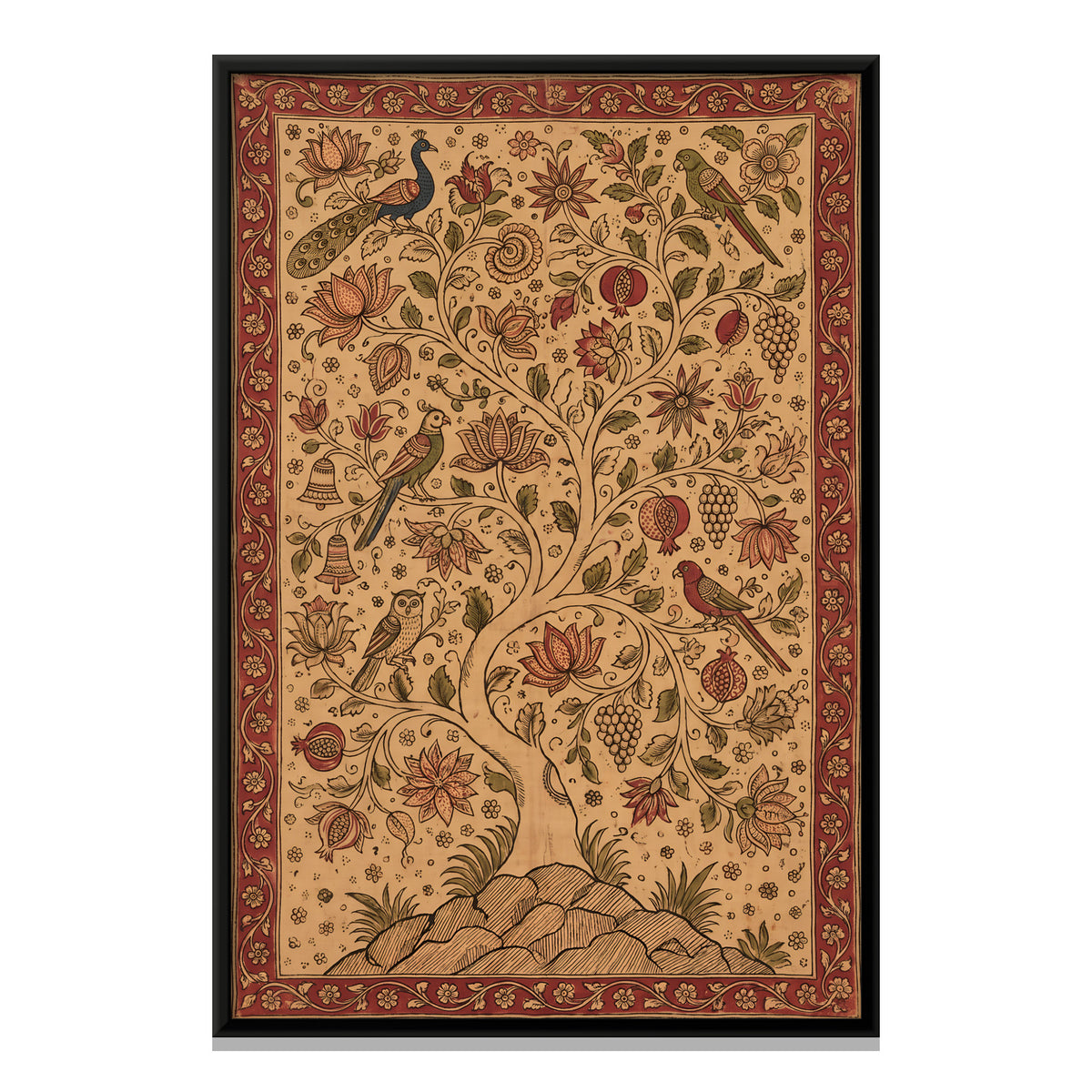 Flowering Tree with Birds - framed canvas print, front view