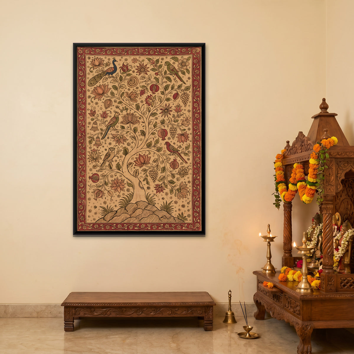 Flowering Tree with Birds - canvas art shown in a second room setting