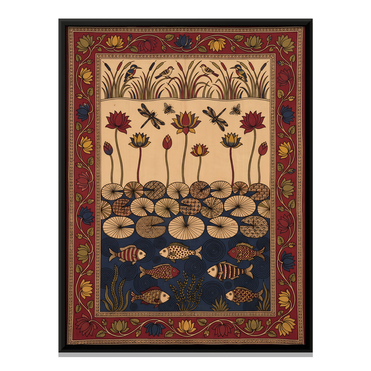 Lotus Pond with Fish - framed canvas print, front view