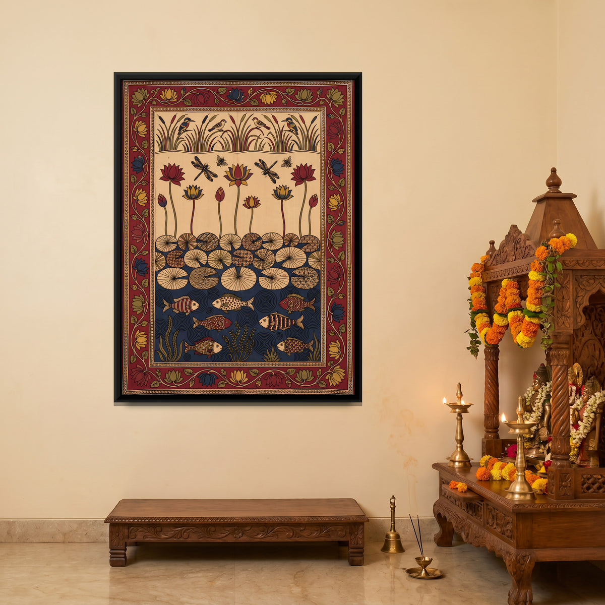 Lotus Pond with Fish - canvas art shown in a styled room