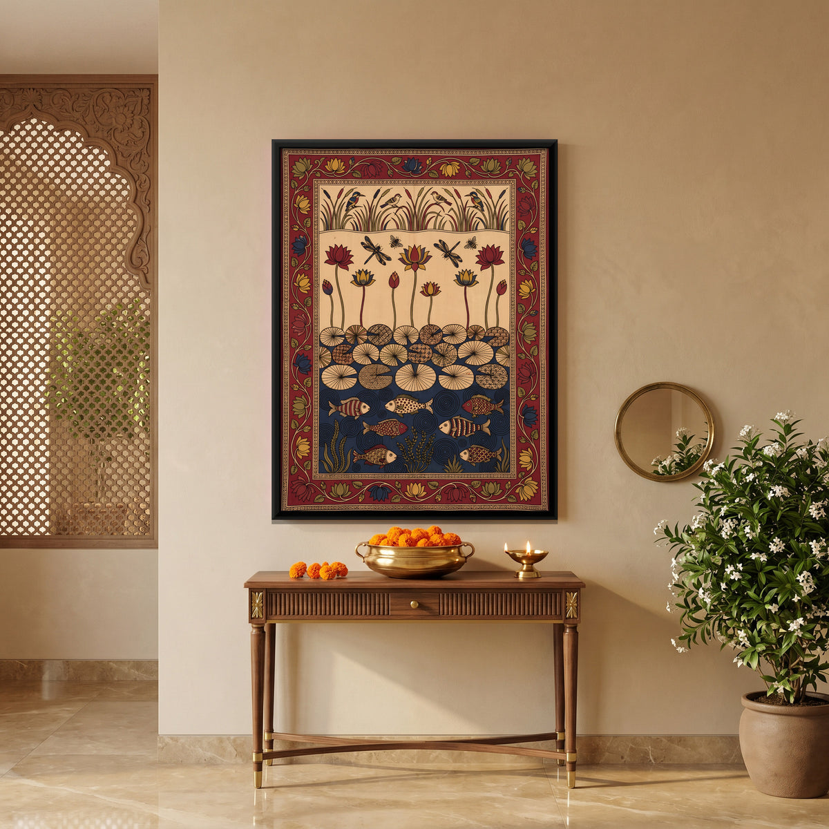 Lotus Pond with Fish - canvas art shown in a second room setting