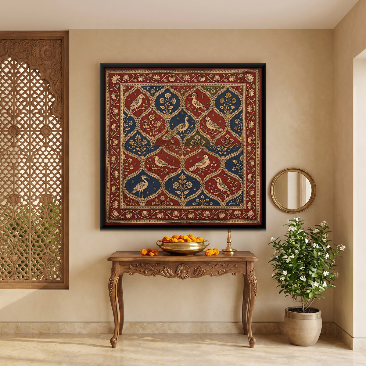 Birds in a Floral Lattice - canvas art shown in a second room setting