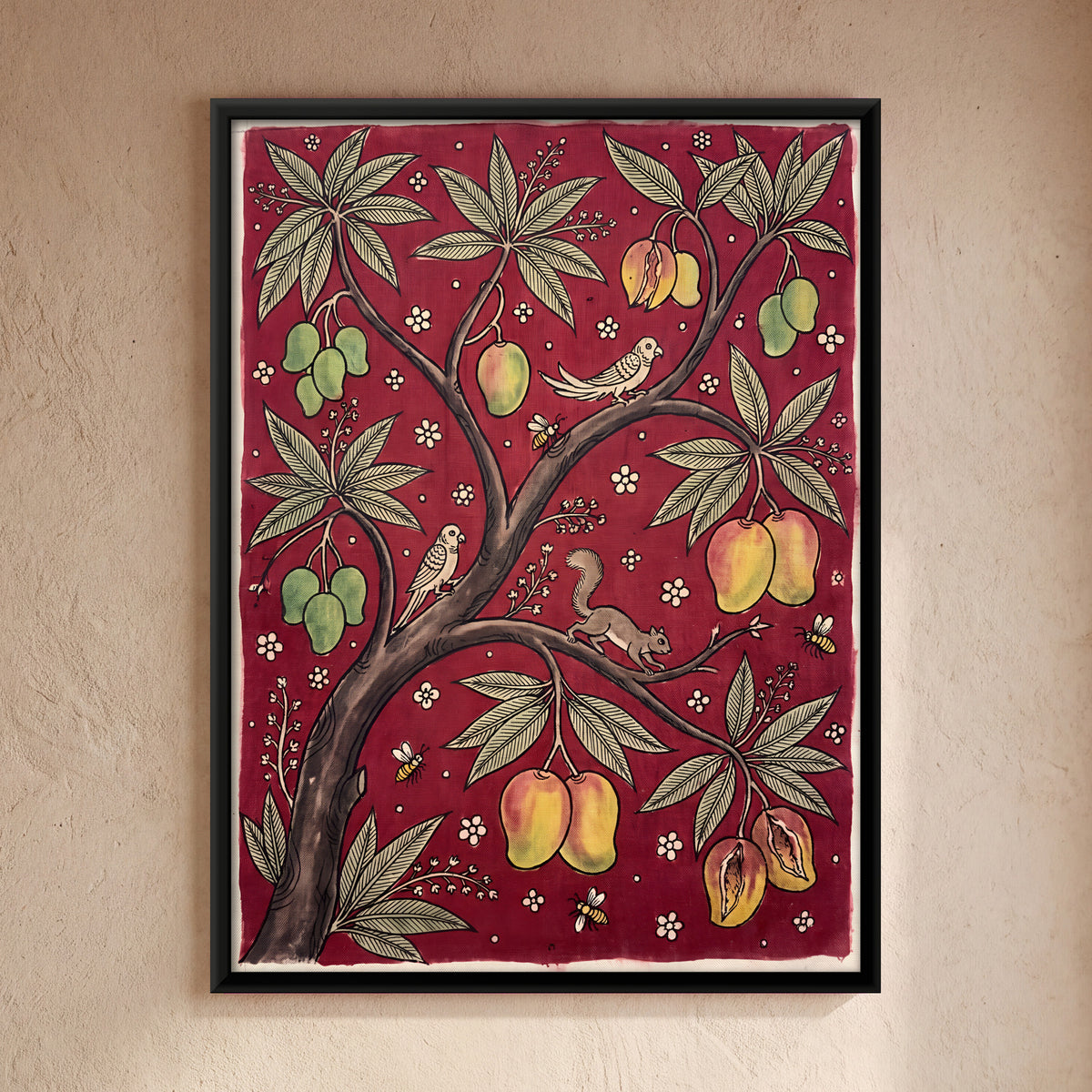 Mango Tree with Birds - framed canvas art hung on a wall