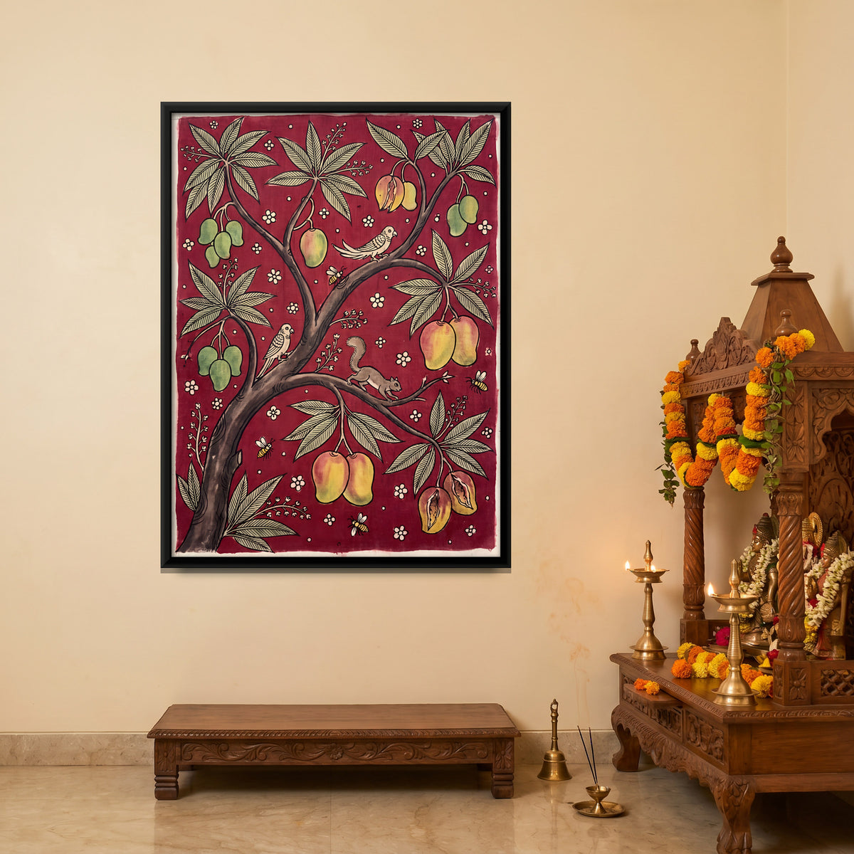 Mango Tree with Birds - canvas art shown in a styled room