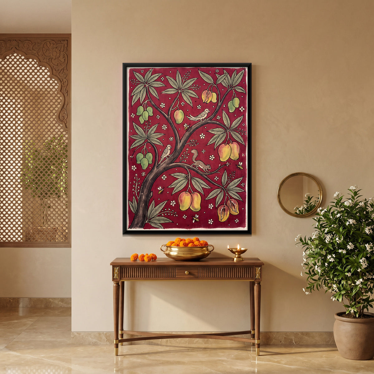 Mango Tree with Birds - canvas art shown in a second room setting