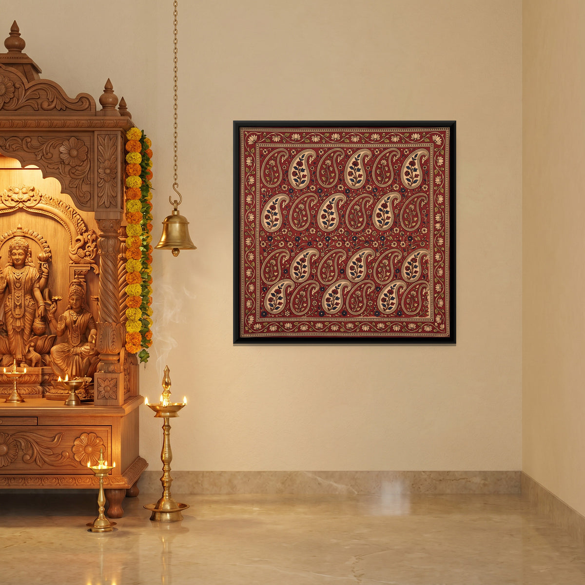 Rows of Paisleys - canvas art shown in a styled room