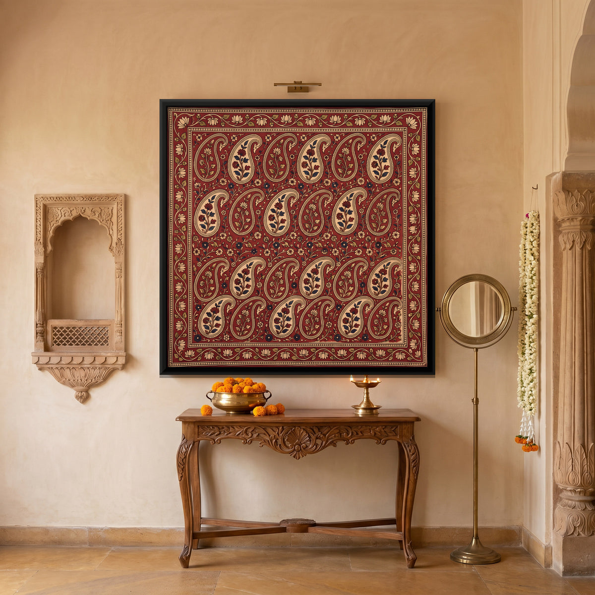 Rows of Paisleys - canvas art shown in a second room setting